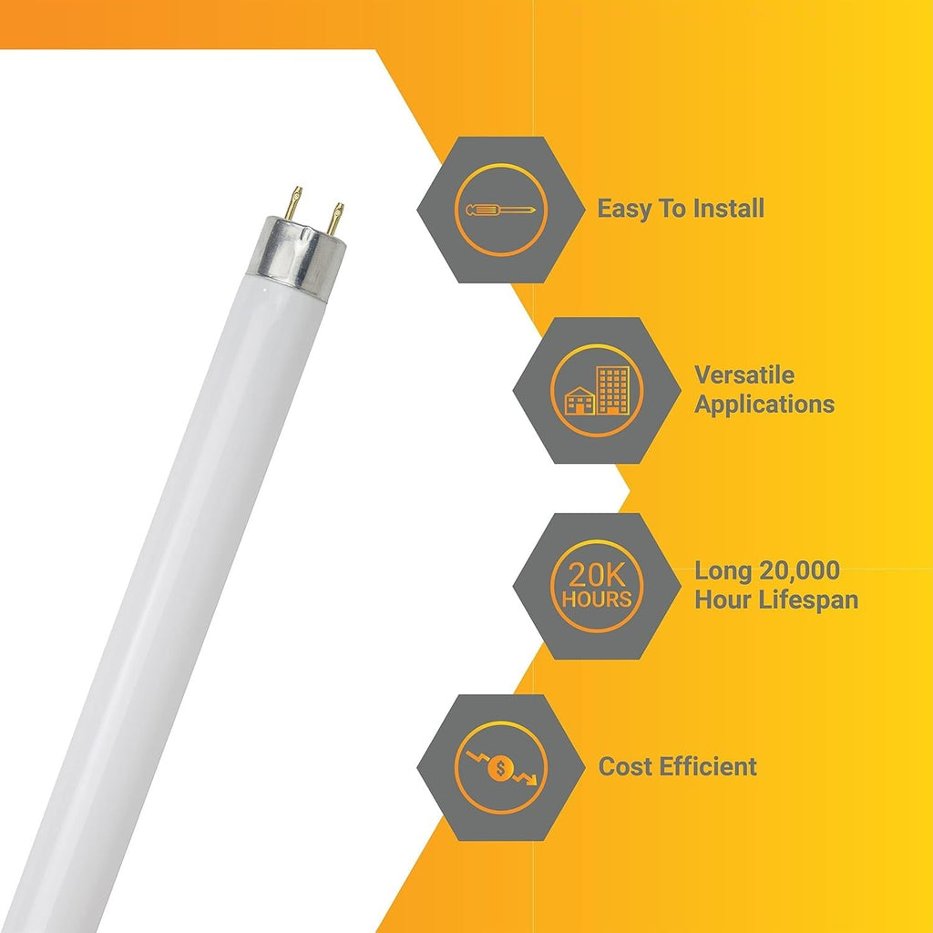24 Inch T8 Fluorescent Tube Light Bulb 17W 1400 Lumens 5000K Bright White G13 Medium Bi-Pin Base 2 Foot Straight Linear Lamp Pack of 30 L32252