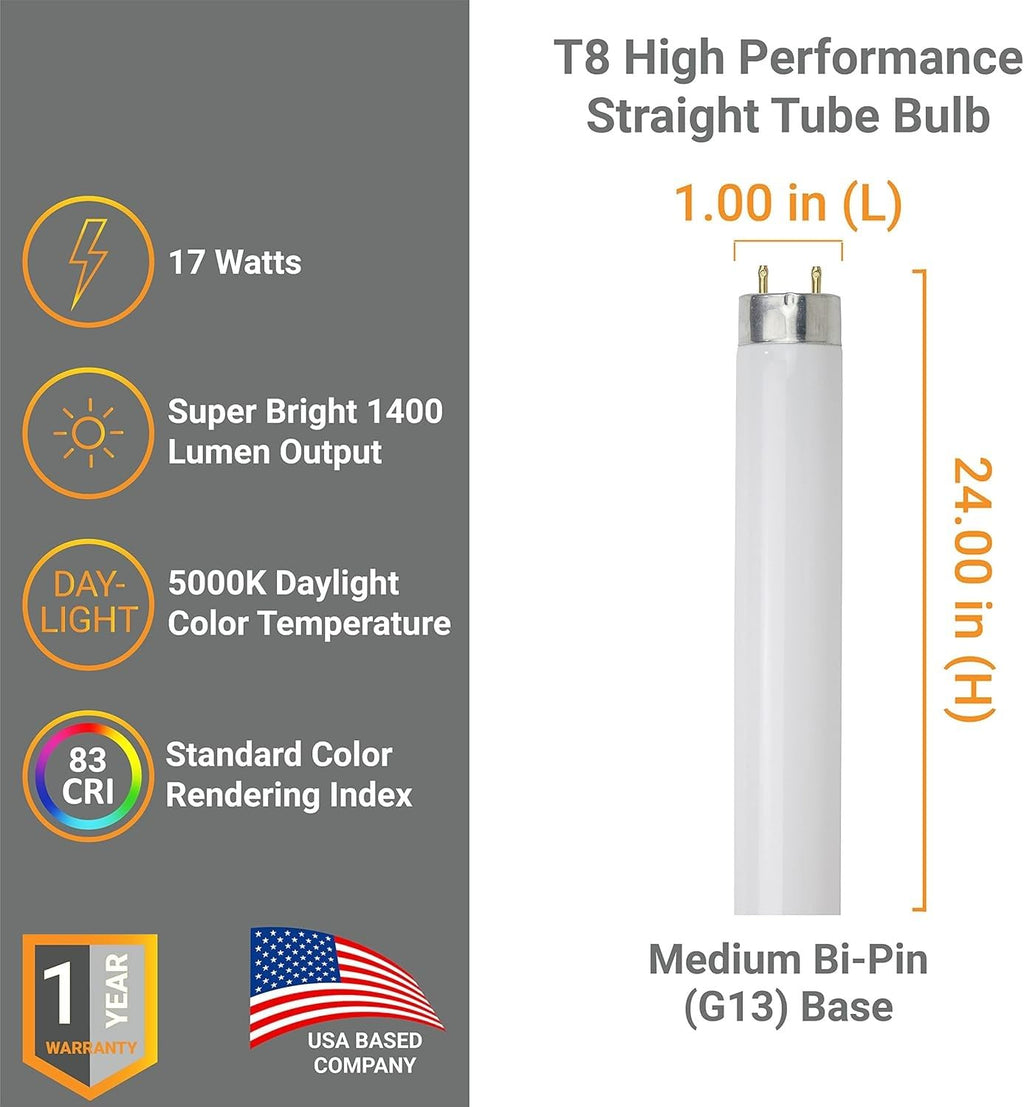 24 Inch T8 Fluorescent Tube Light Bulb 17W 1400 Lumens 5000K Bright White G13 Medium Bi-Pin Base 2 Foot Straight Linear Lamp Pack of 30 L32252
