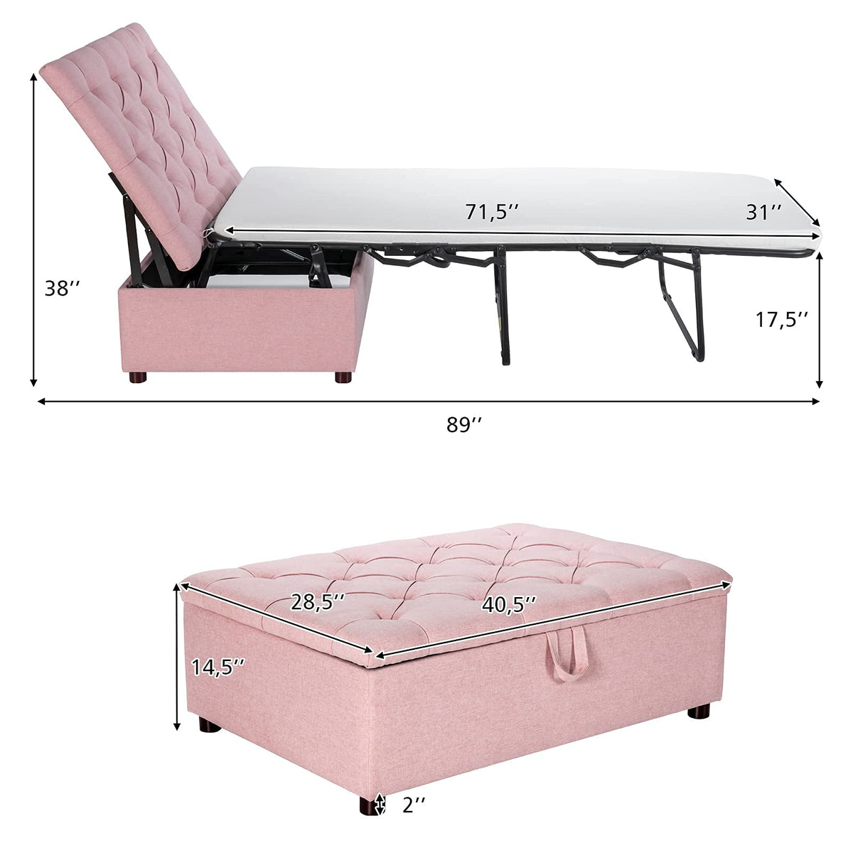 Pink Convertible Sleeper Chair with Mattress U4684