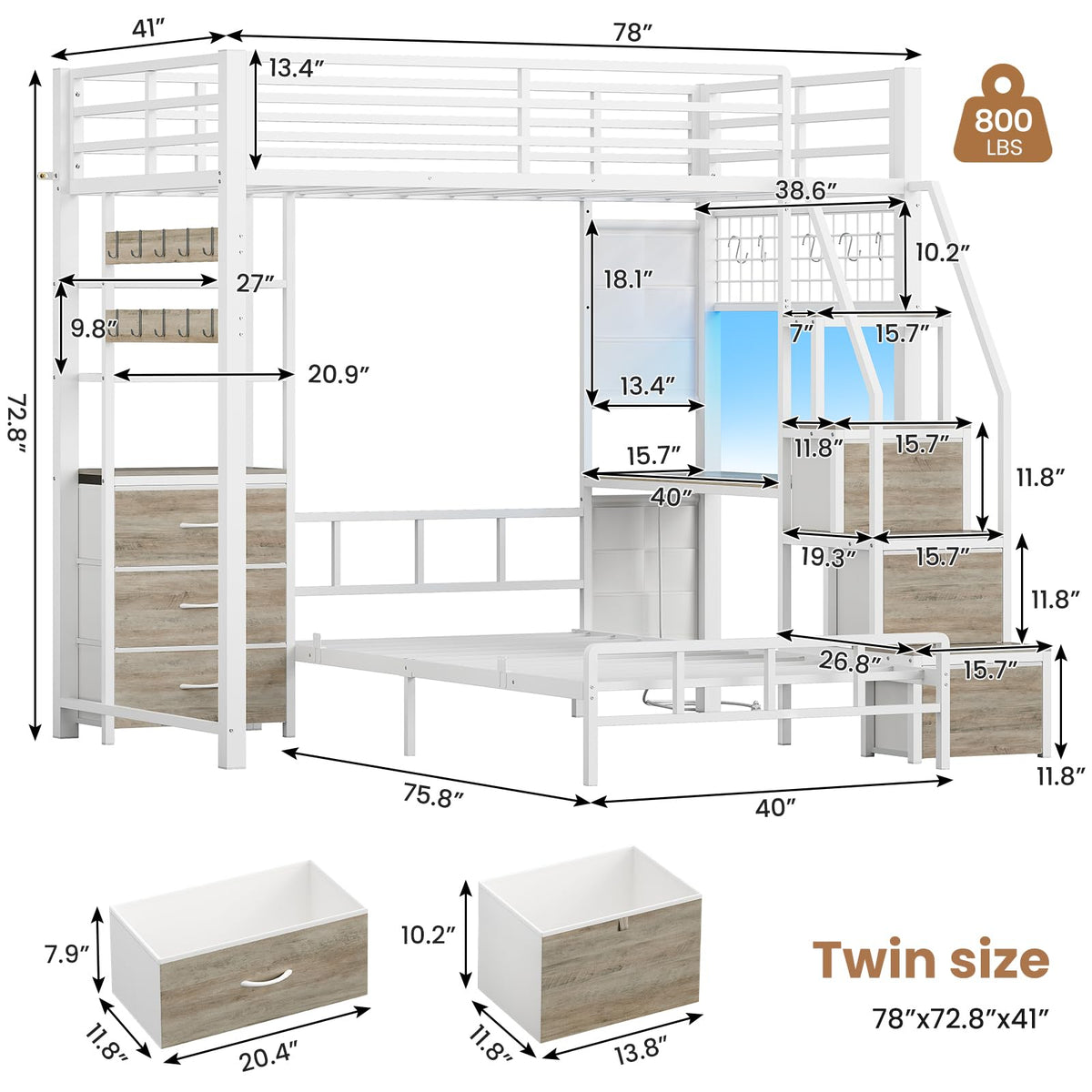 White Twin Over Twin Metal Bunk Bed with 6 Storage Drawers and Desk M774886