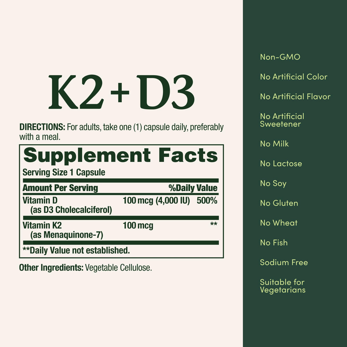Vitamin D3 K2 Supplement 4000 IU 100 mcg 30 Vegetarian Capsules E266