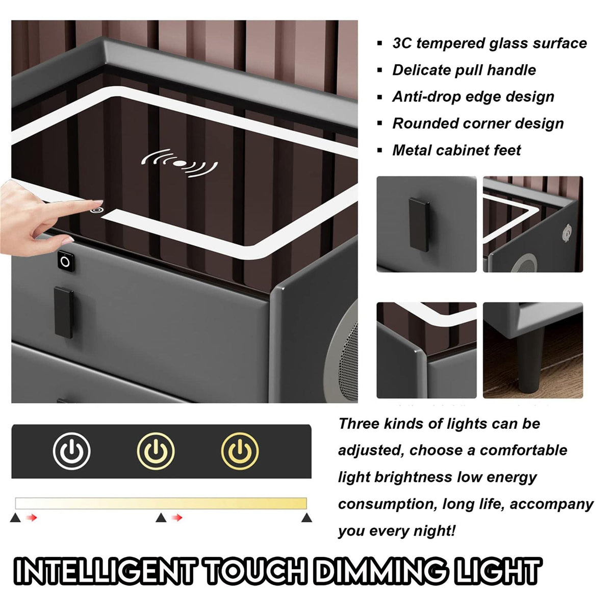 White 3 Drawer Bed End Table with Wireless Charging G1594