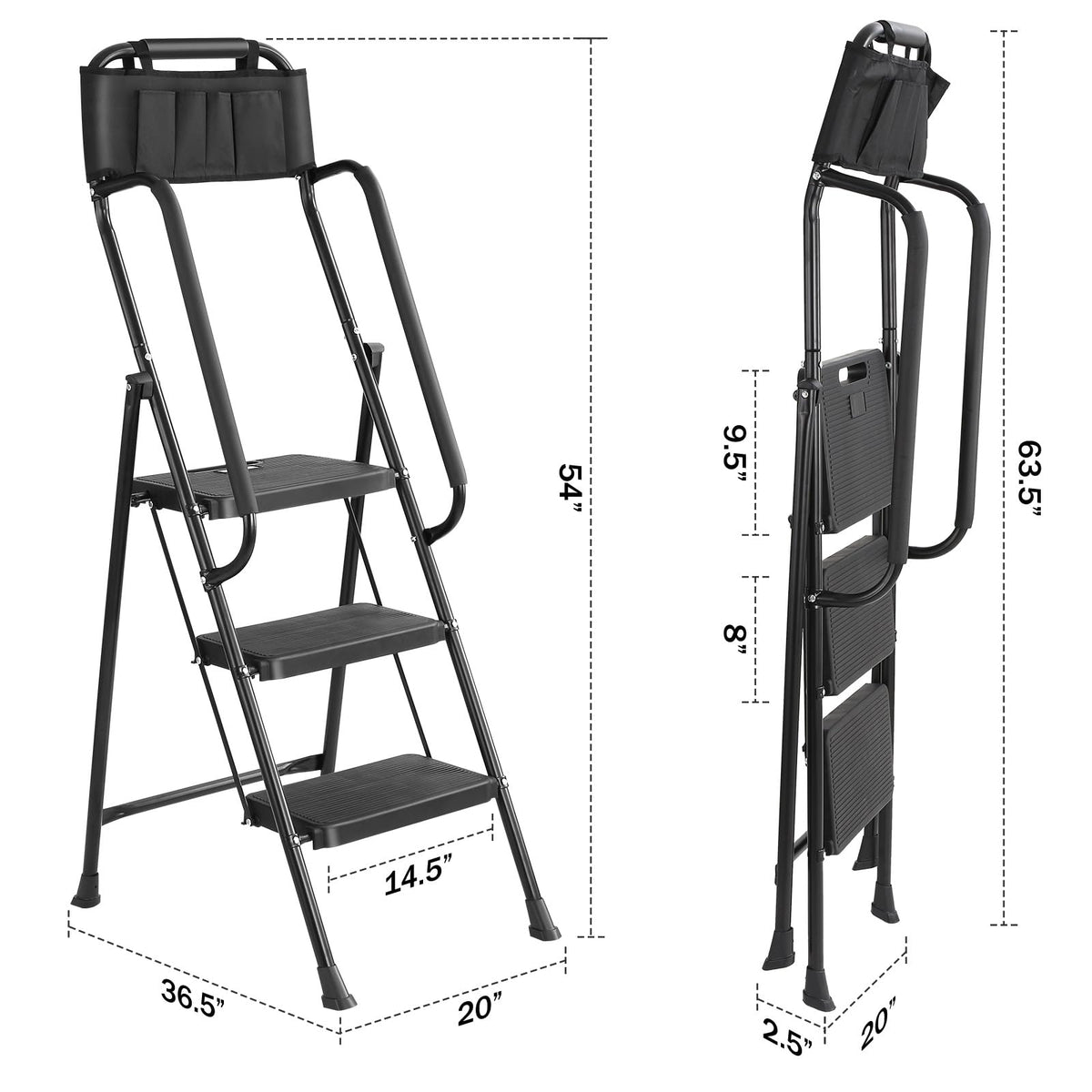 3-Step Ladder with Anti-Slip Platform, 330 lbs Capacity, Steel Frame T6235