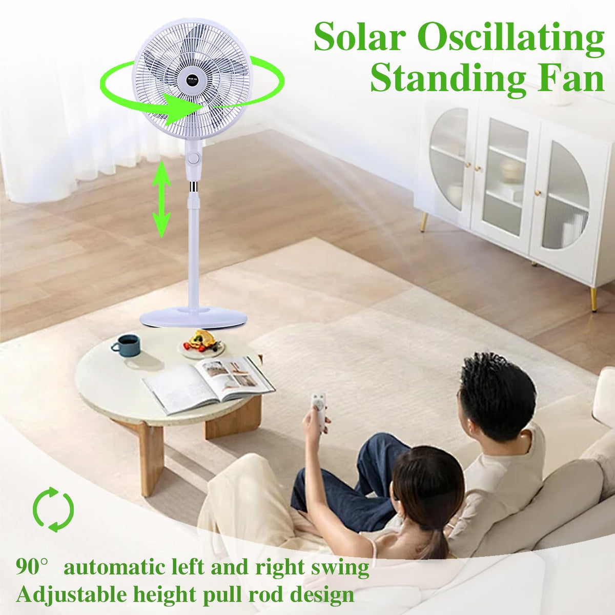 16" Solar Oscillating Standing Fan, 10000mAh Rechargeable, 3 Speed, White V379198