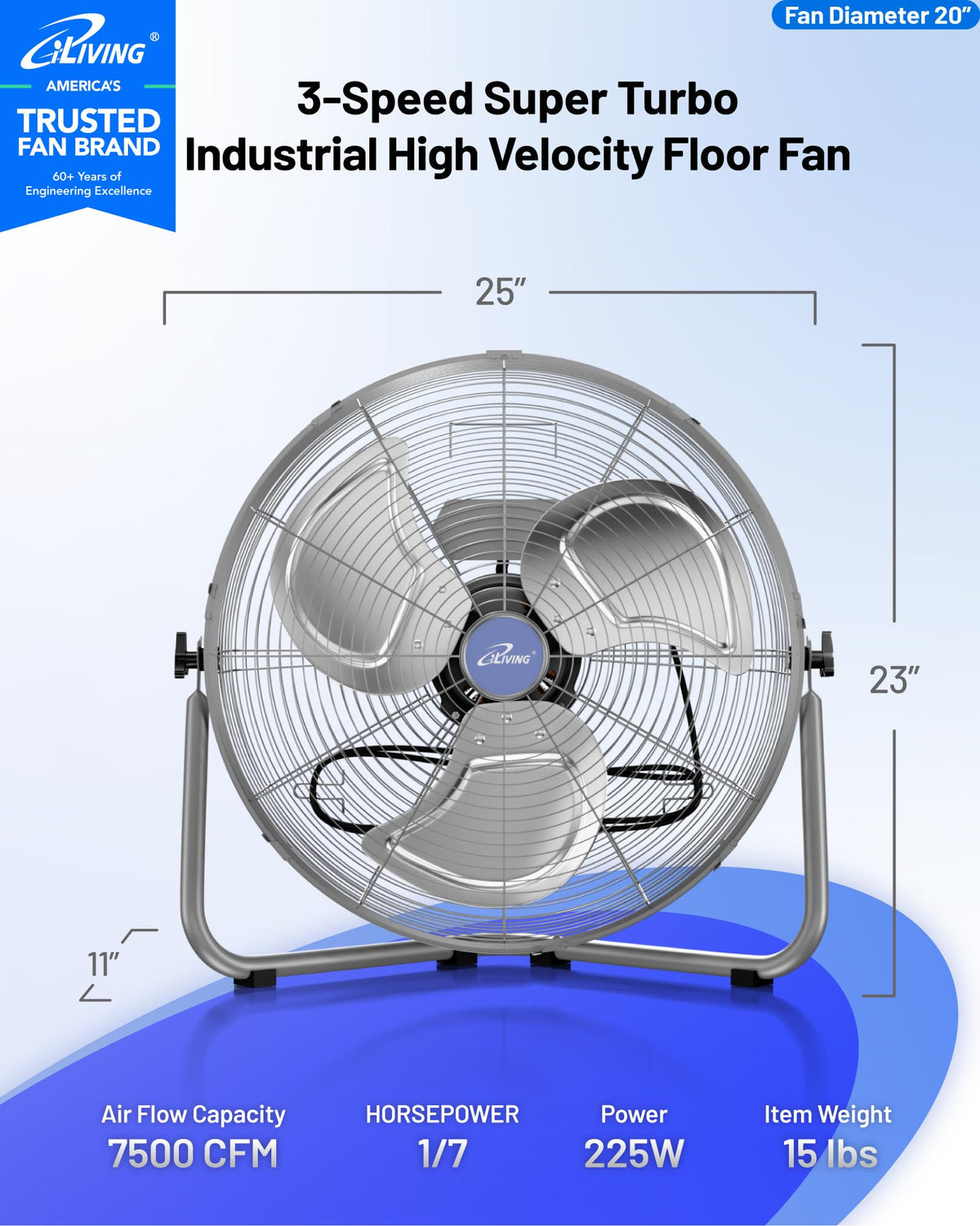 20 Inch 7500 CFM 3-Speed Metal Floor Fan J32772