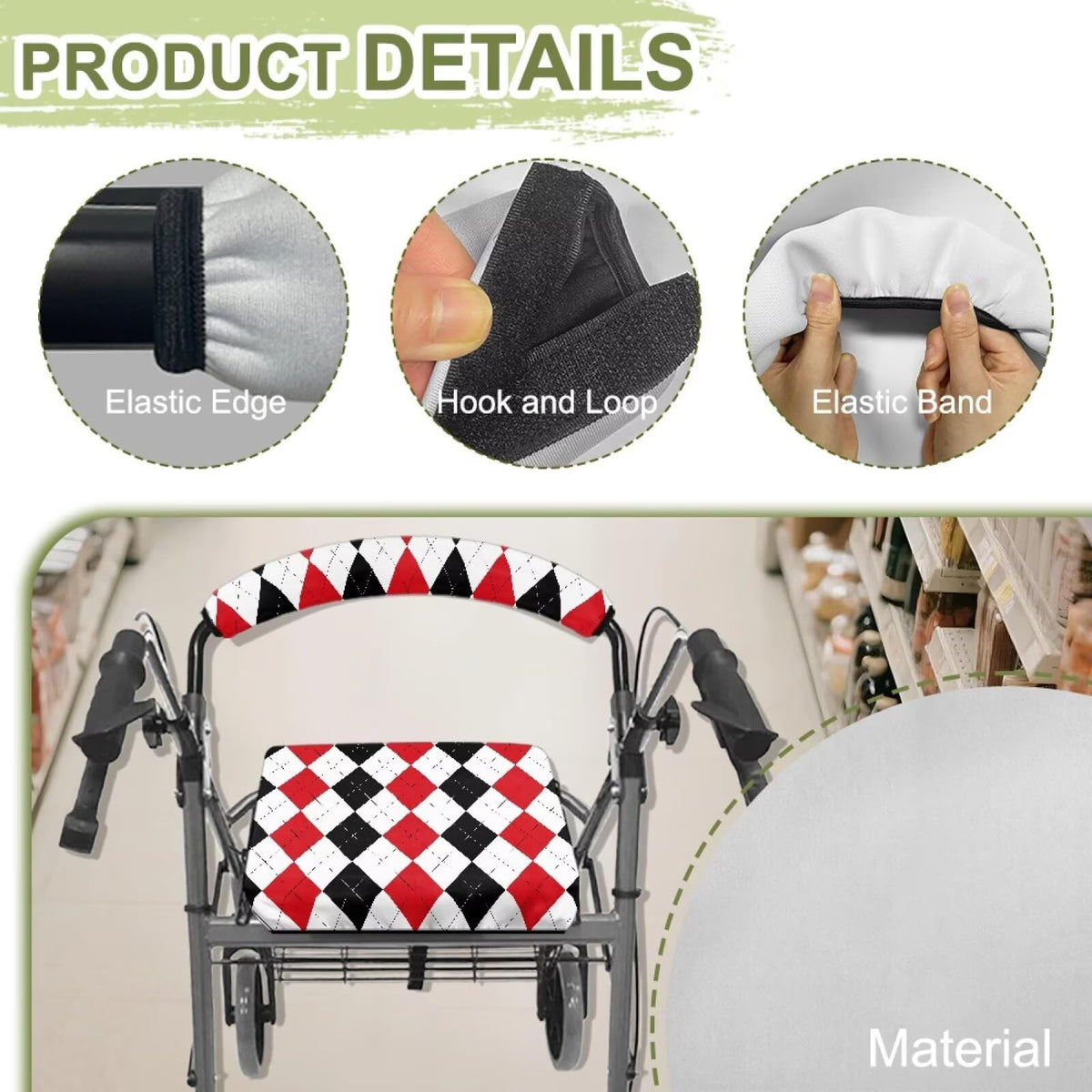 Red Diamond Pattern Rollator Walker Seat & Backrest Covers Set X4903
