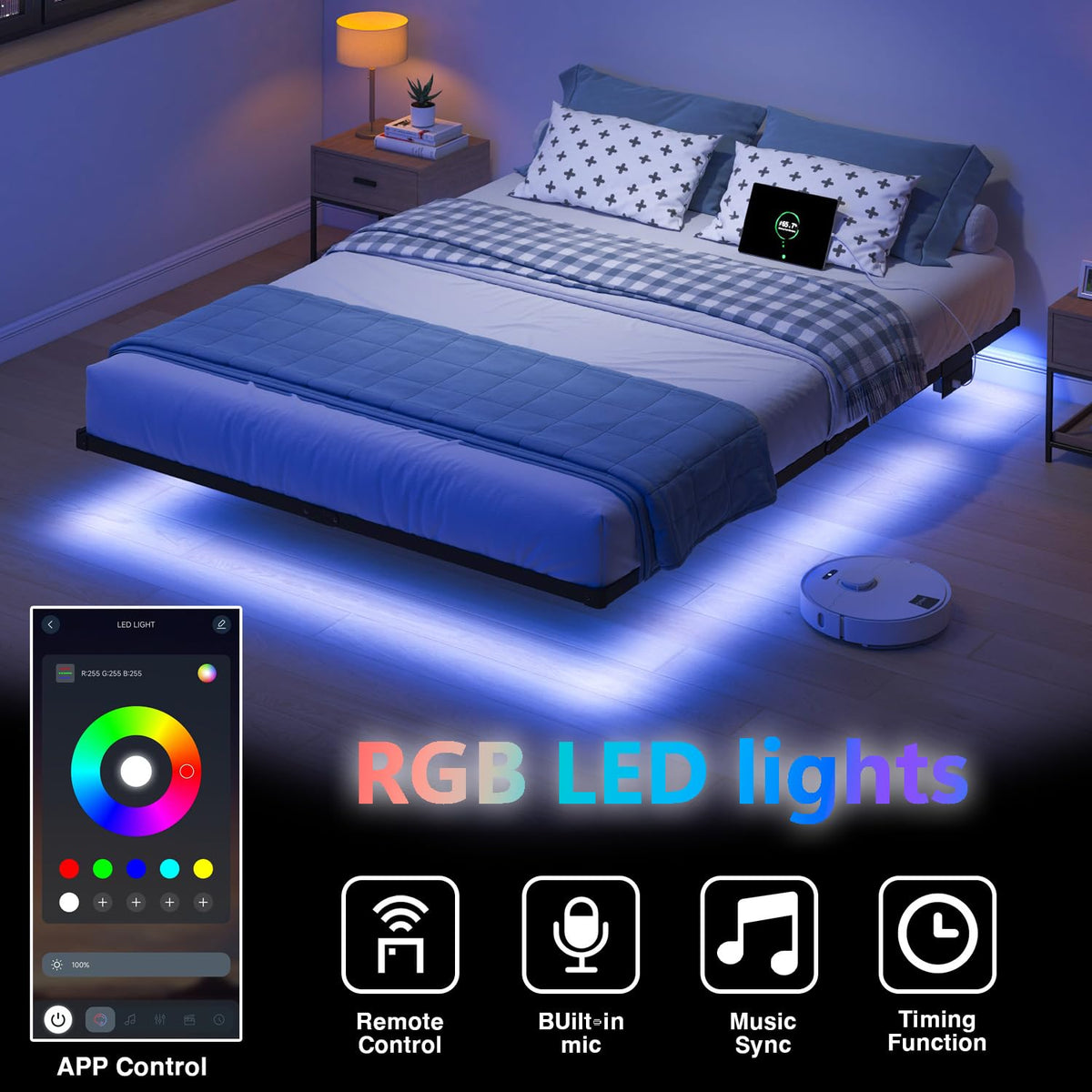 8 inch Floating Bed Frame Full with Charging Station D7831
