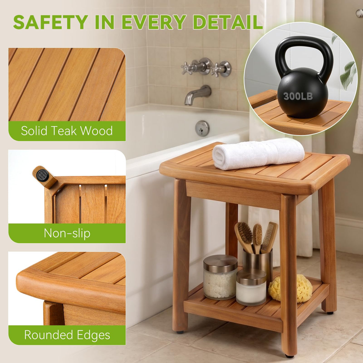 Waterproof Wooden Teak Shower Bench C556