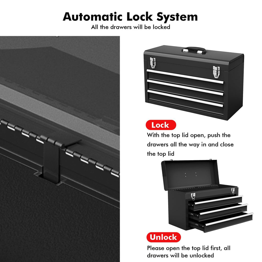 Portable Metal 3 Drawer Lockable Tool Box A6914