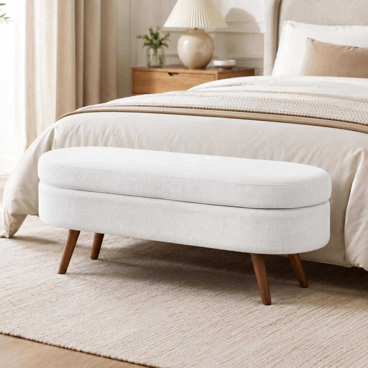 White Oval Storage Ottoman Bench with Rubber Wood Legs Y994