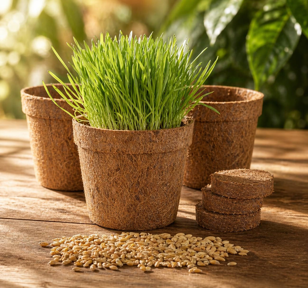 Organic Cat Grass Growing Kit 3 Pack with Soil Discs Coco Fiber Pots and Seeds U7644