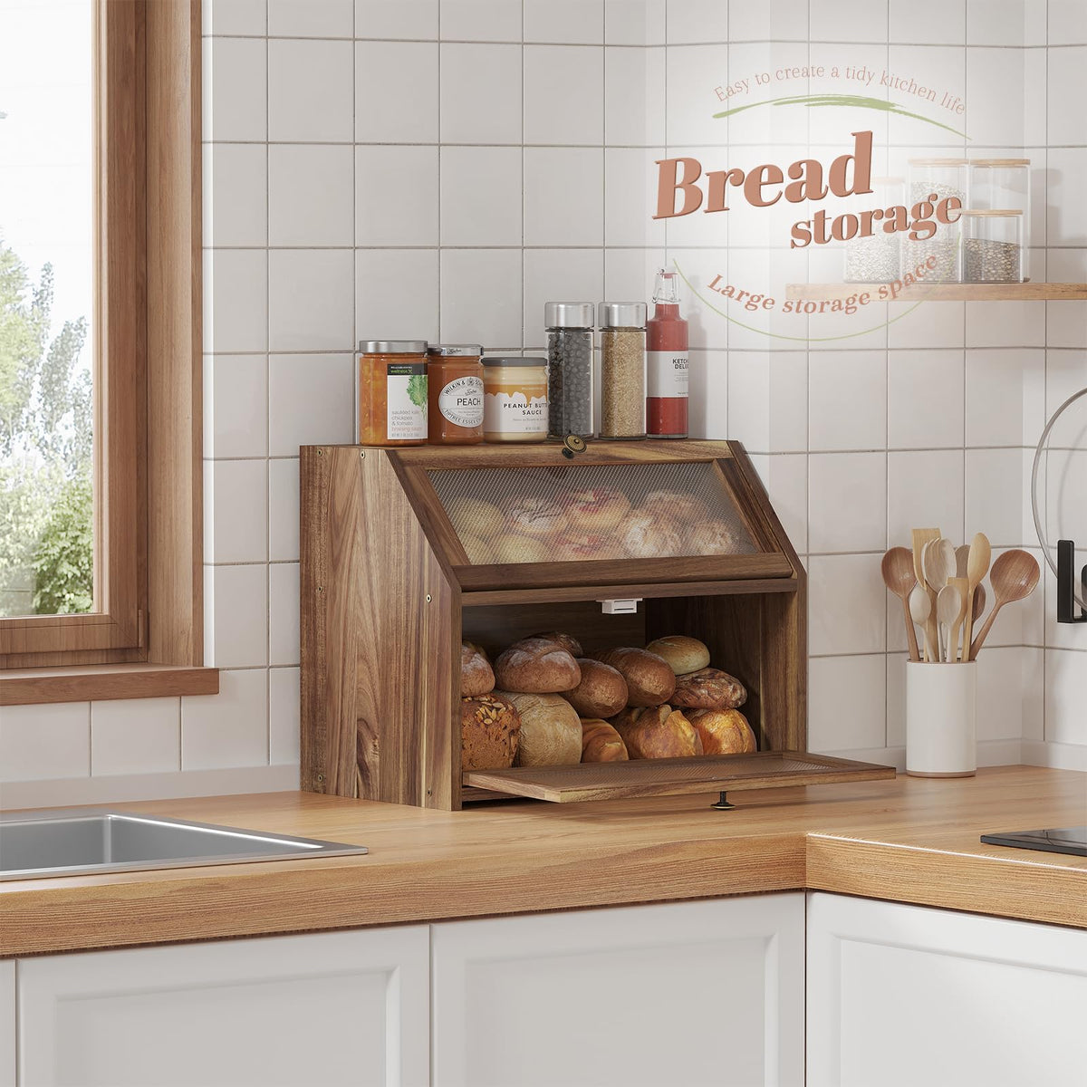 Large Brown Wooden Bread Box B1133
