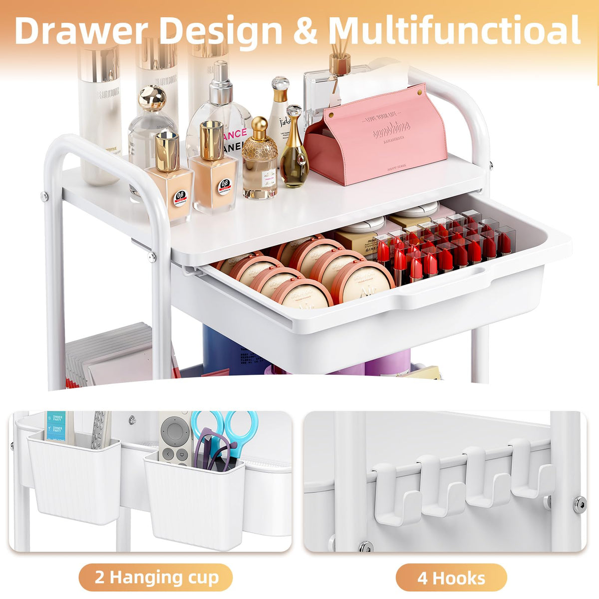 3 Tier Metal Rolling Cart with Drawer E202510
