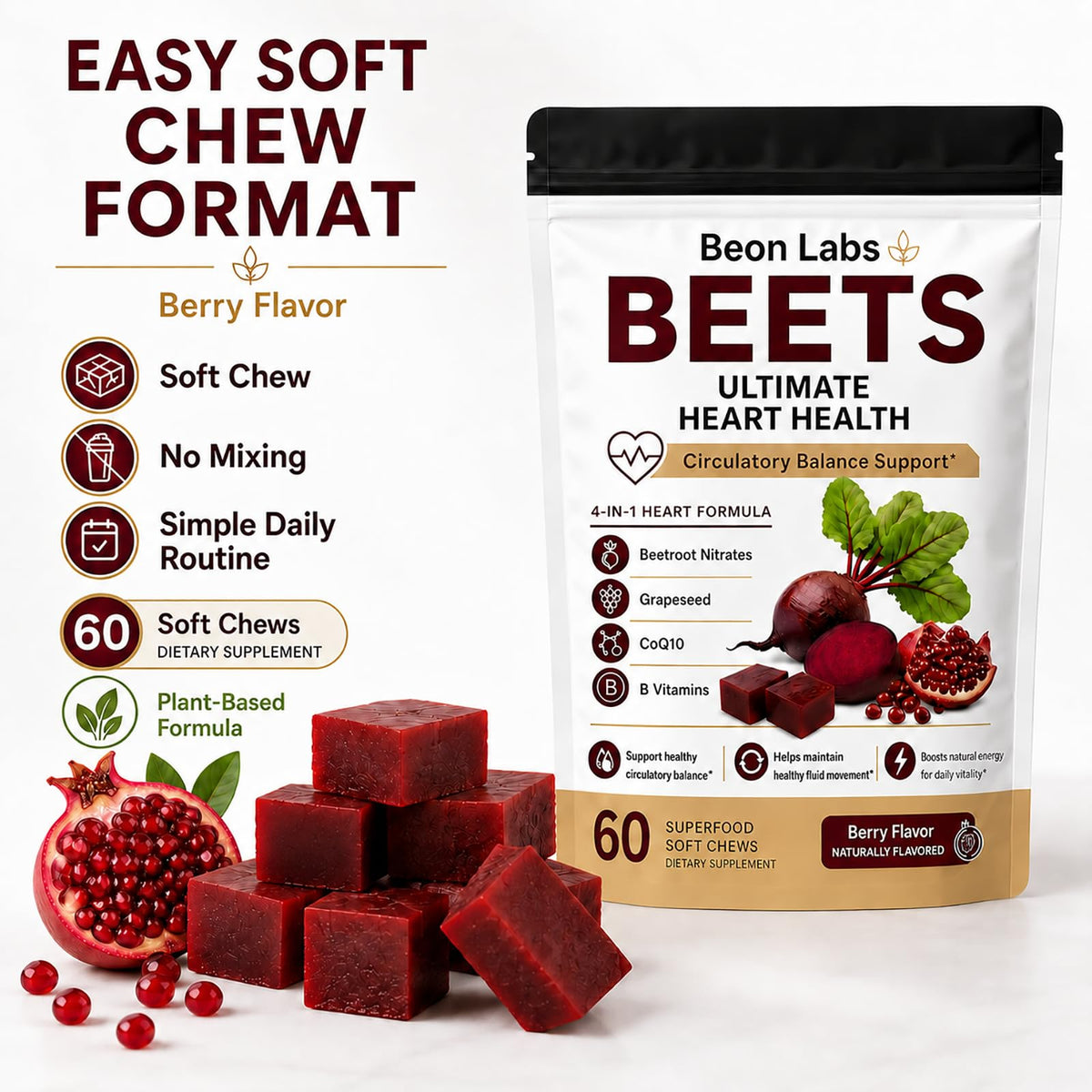 Beetroot Chews with CoQ10 & Grape Seed Extract, 60 Chews I447
