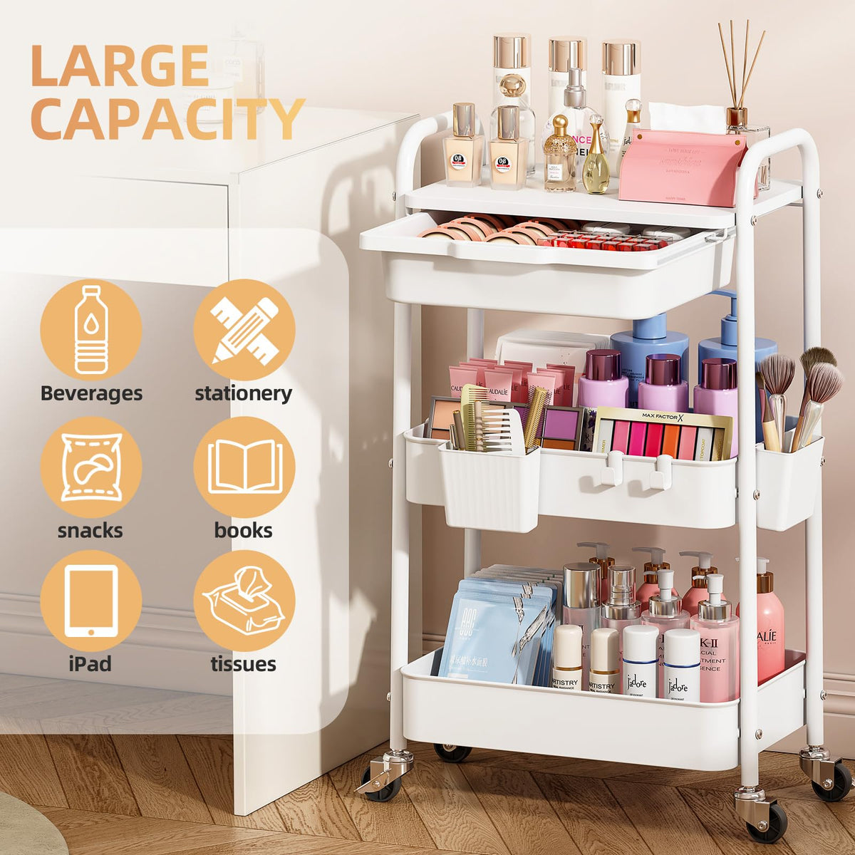 3 Tier Metal Rolling Cart with Drawer E202510