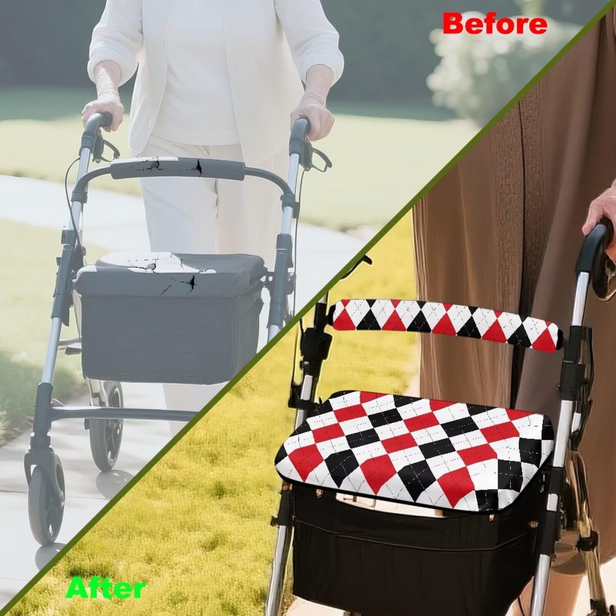 Red Diamond Pattern Rollator Walker Seat & Backrest Covers Set X4903
