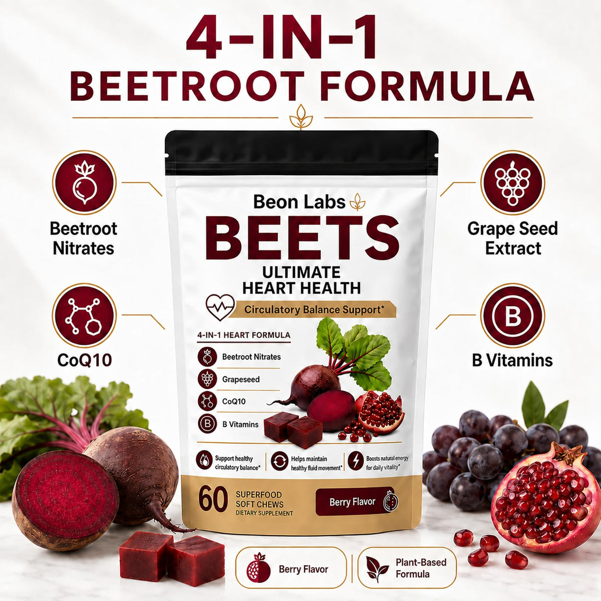 Beetroot Chews with CoQ10 & Grape Seed Extract, 60 Chews I447