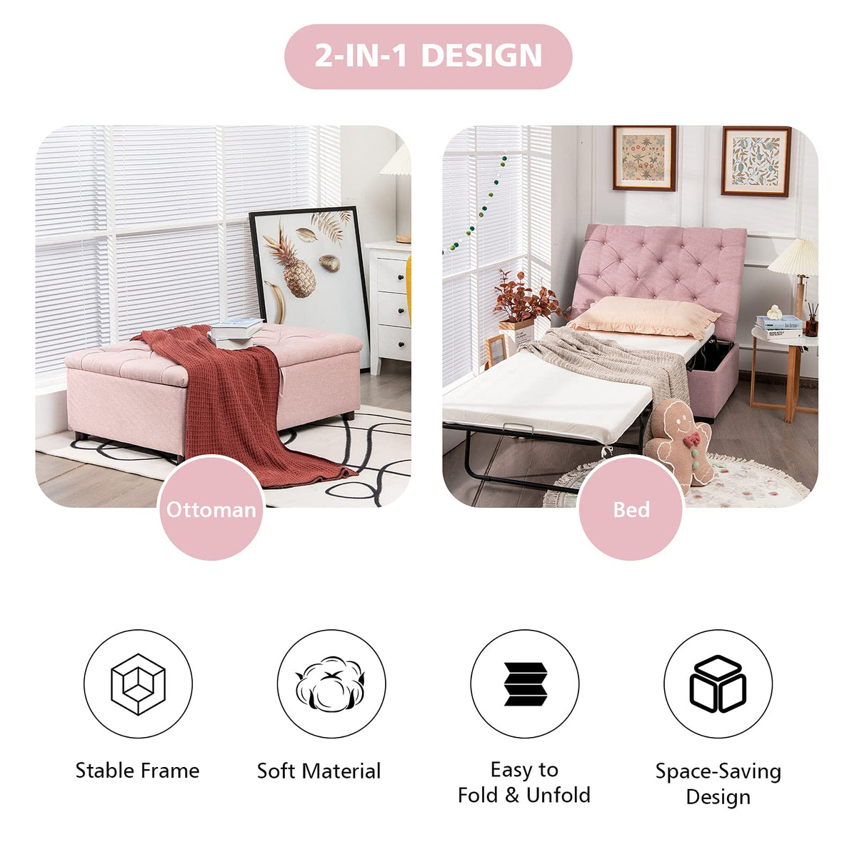 Pink Convertible Sleeper Chair with Mattress U4684