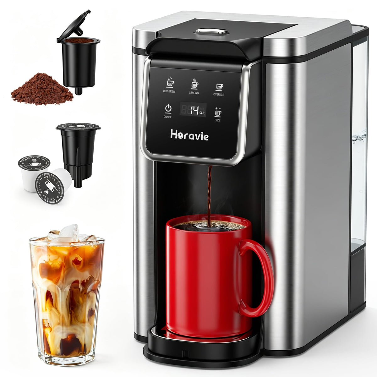 Single Serve Coffee Maker for K-Cup Pod & Grounds, 6 to 14oz Brew Sizes, 50oz Removable Reservoir, Stainless Steel, Black D963
