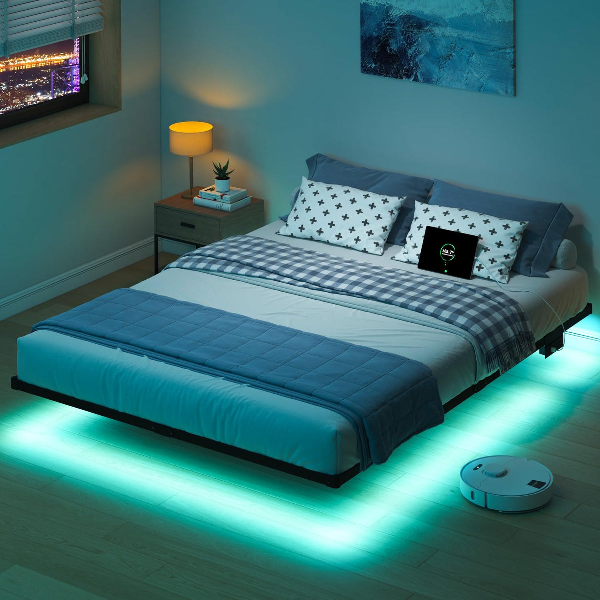 8 inch Floating Bed Frame Full with Charging Station D7831