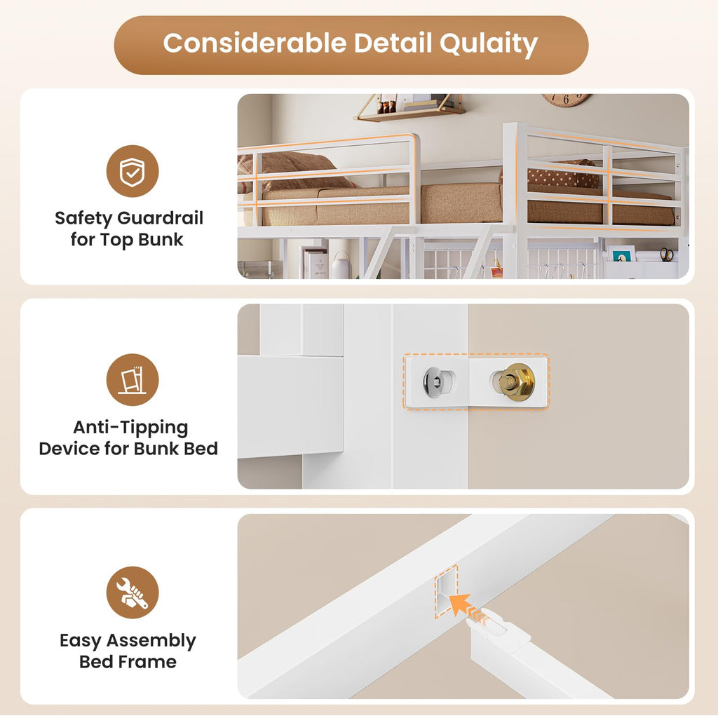 White Twin Over Twin Metal Bunk Bed with 6 Storage Drawers and Desk M774886