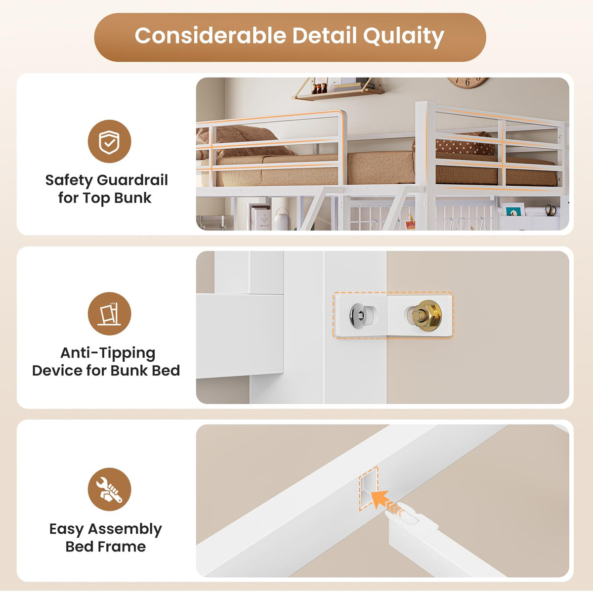White Twin Over Twin Metal Bunk Bed with 6 Storage Drawers and Desk M774886