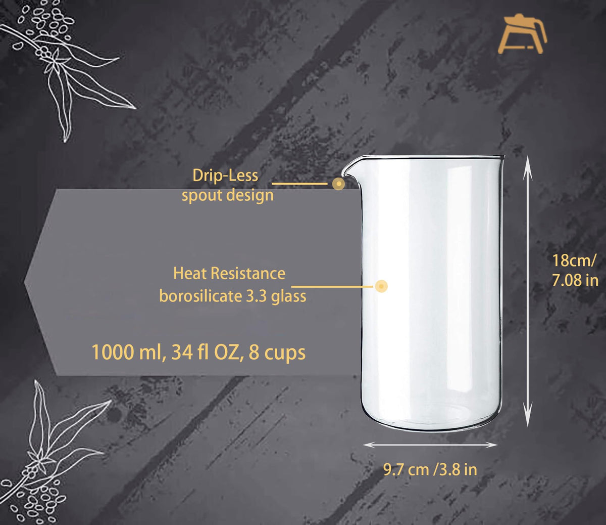 34 oz Borosilicate Glass French Press Replacement Beaker O302966