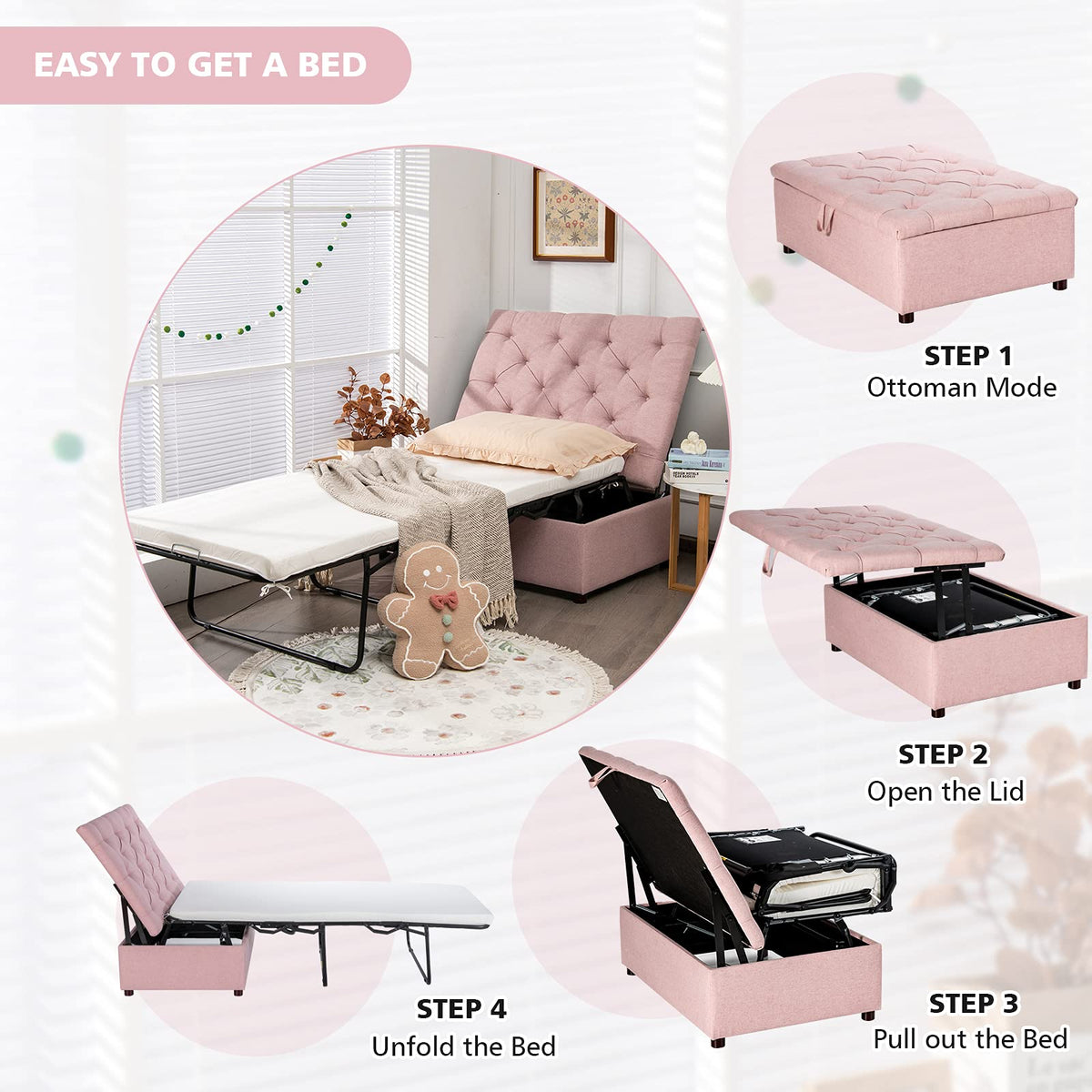 Pink Convertible Sleeper Chair with Mattress U4684