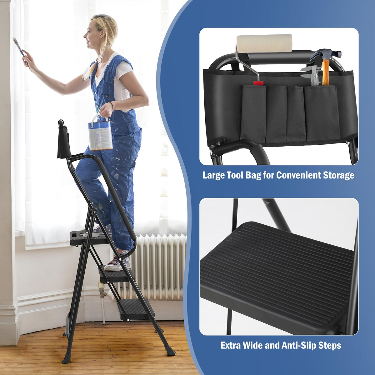 3-Step Ladder with Anti-Slip Platform, 330 lbs Capacity, Steel Frame T6235
