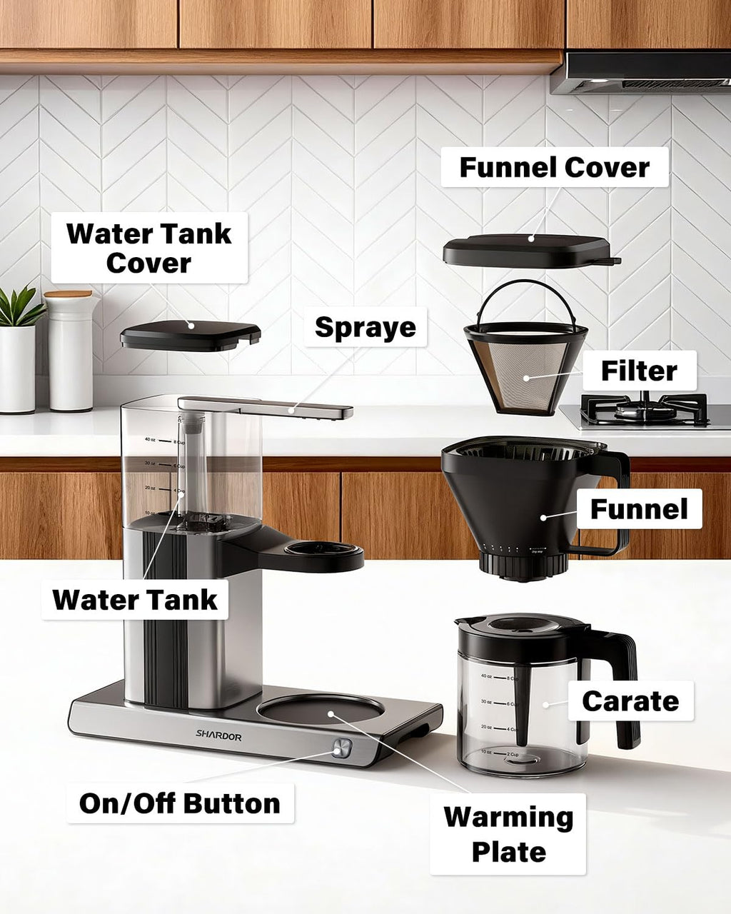8 Cup Drip Coffee Maker with Reusable Filter and Glass Pot Y884
