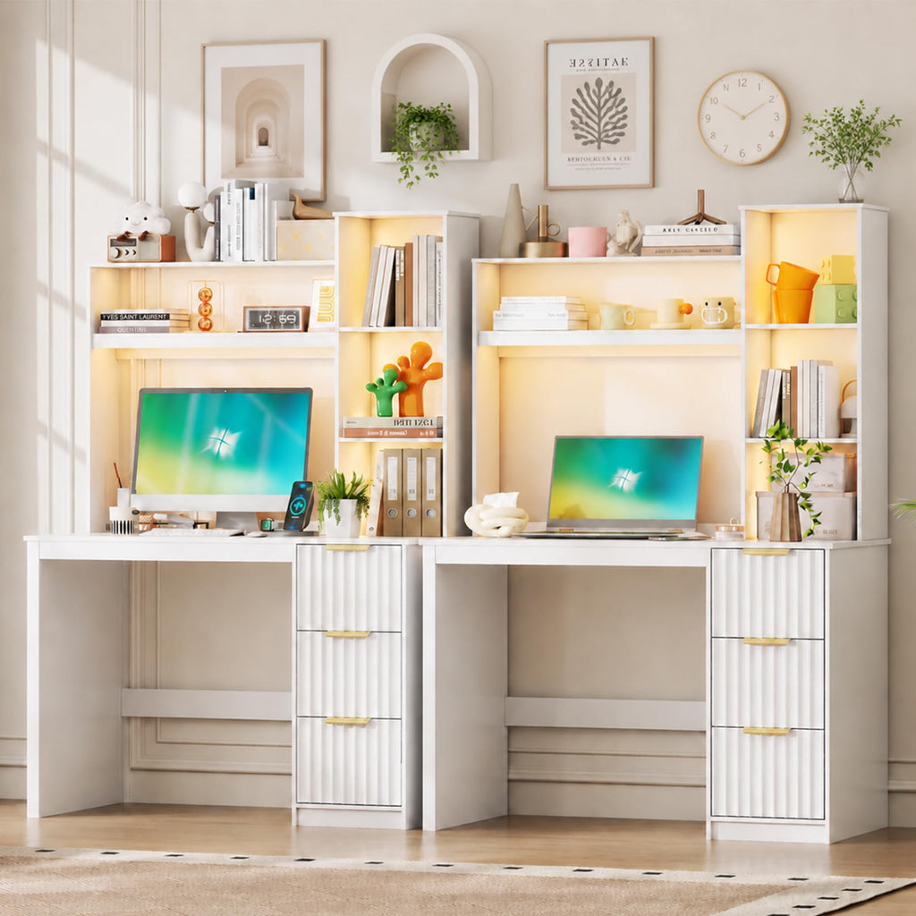 40” White Home Office Desk with Hutch and Drawers W23340