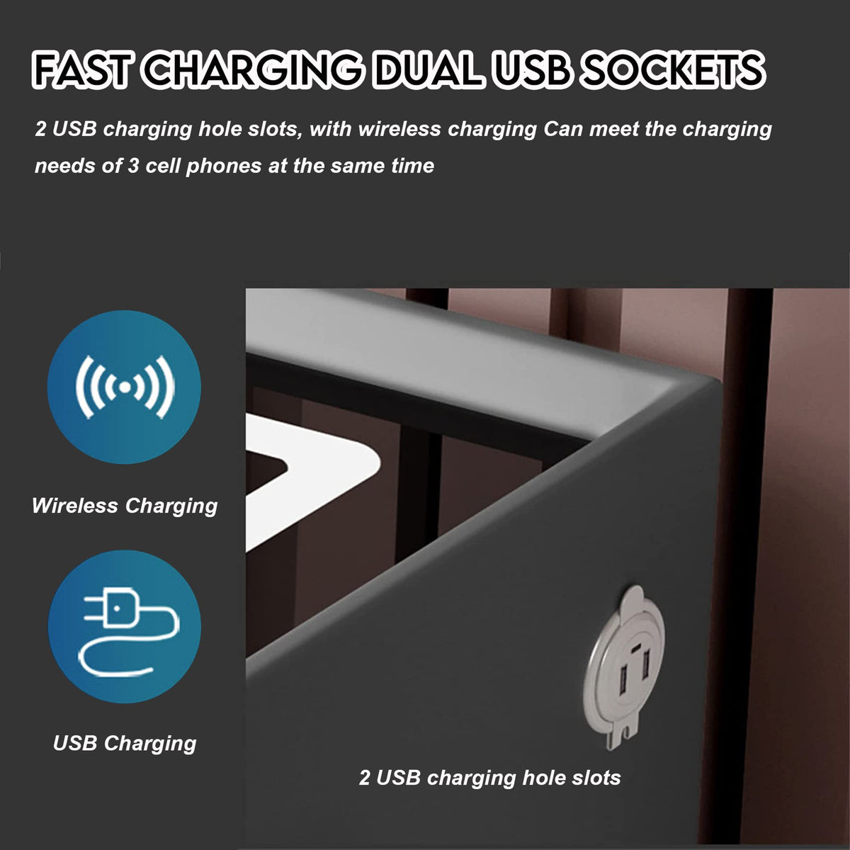 White 3 Drawer Bed End Table with Wireless Charging G1594