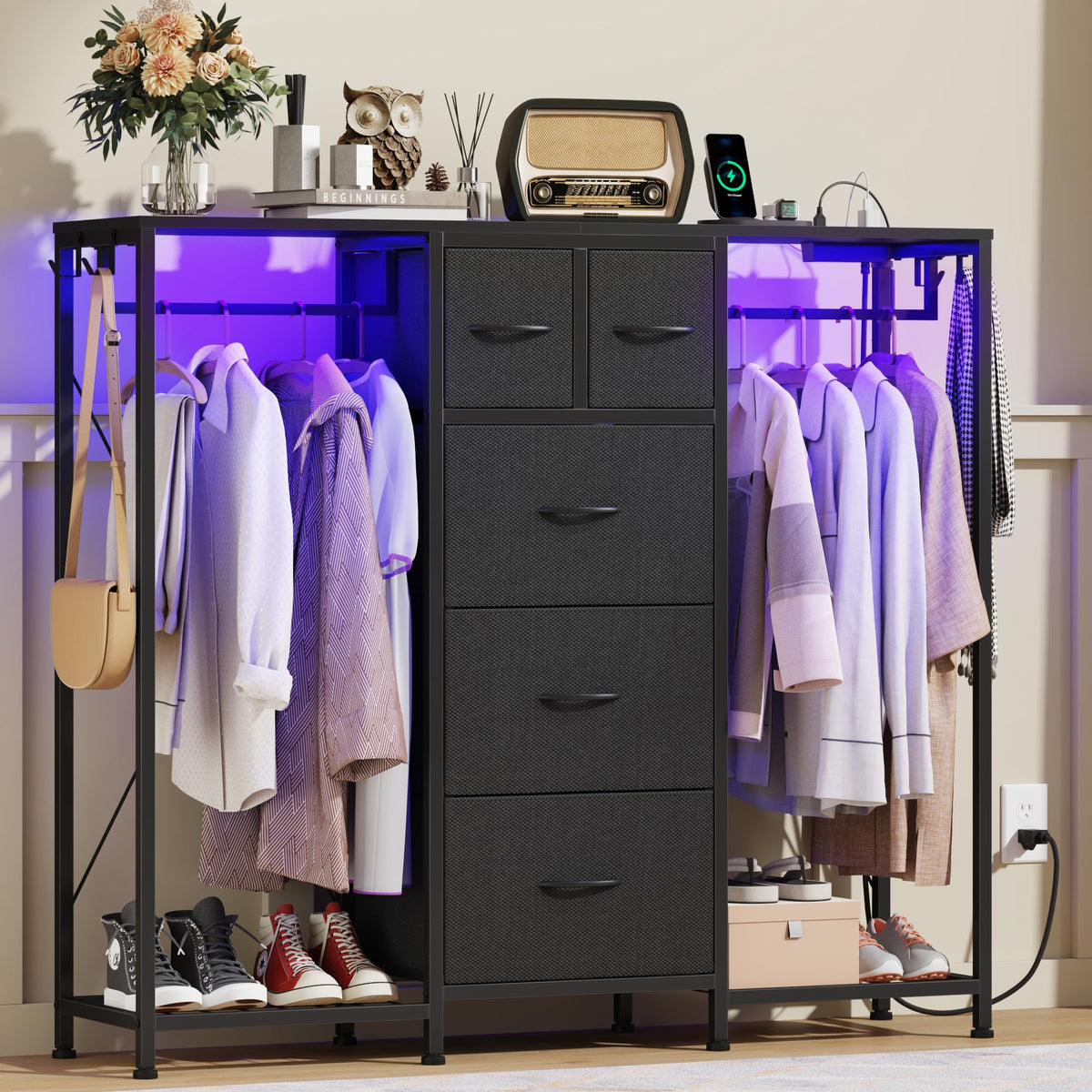 Black 5-Drawer Dresser with 2 Hanging Racks P167764
