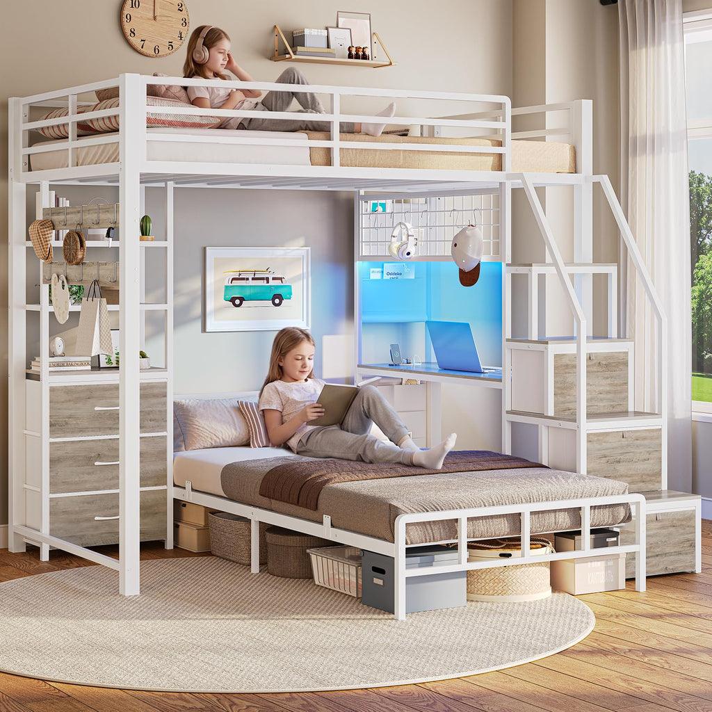 White Twin Over Twin Metal Bunk Bed with 6 Storage Drawers and Desk M774886