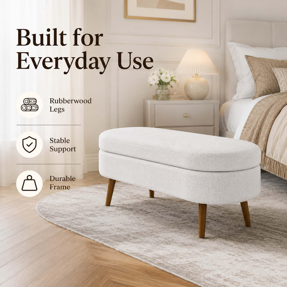 White Oval Storage Ottoman Bench with Rubber Wood Legs Y994