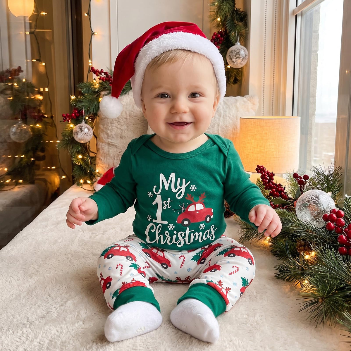 My First Christmas Baby Boy Outfit Romper Pants Hat M241