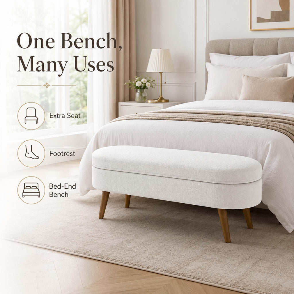 White Oval Storage Ottoman Bench with Rubber Wood Legs Y994