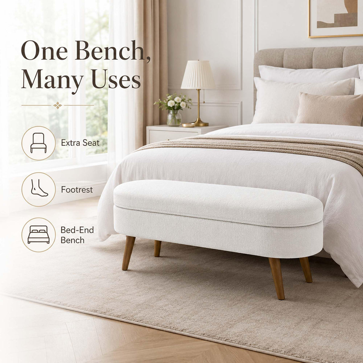 White Oval Storage Ottoman Bench with Rubber Wood Legs Y994