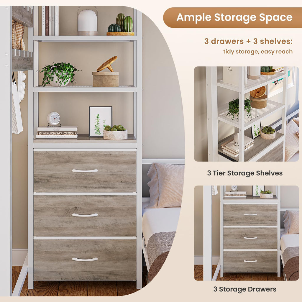 White Twin Over Twin Metal Bunk Bed with 6 Storage Drawers and Desk M774886