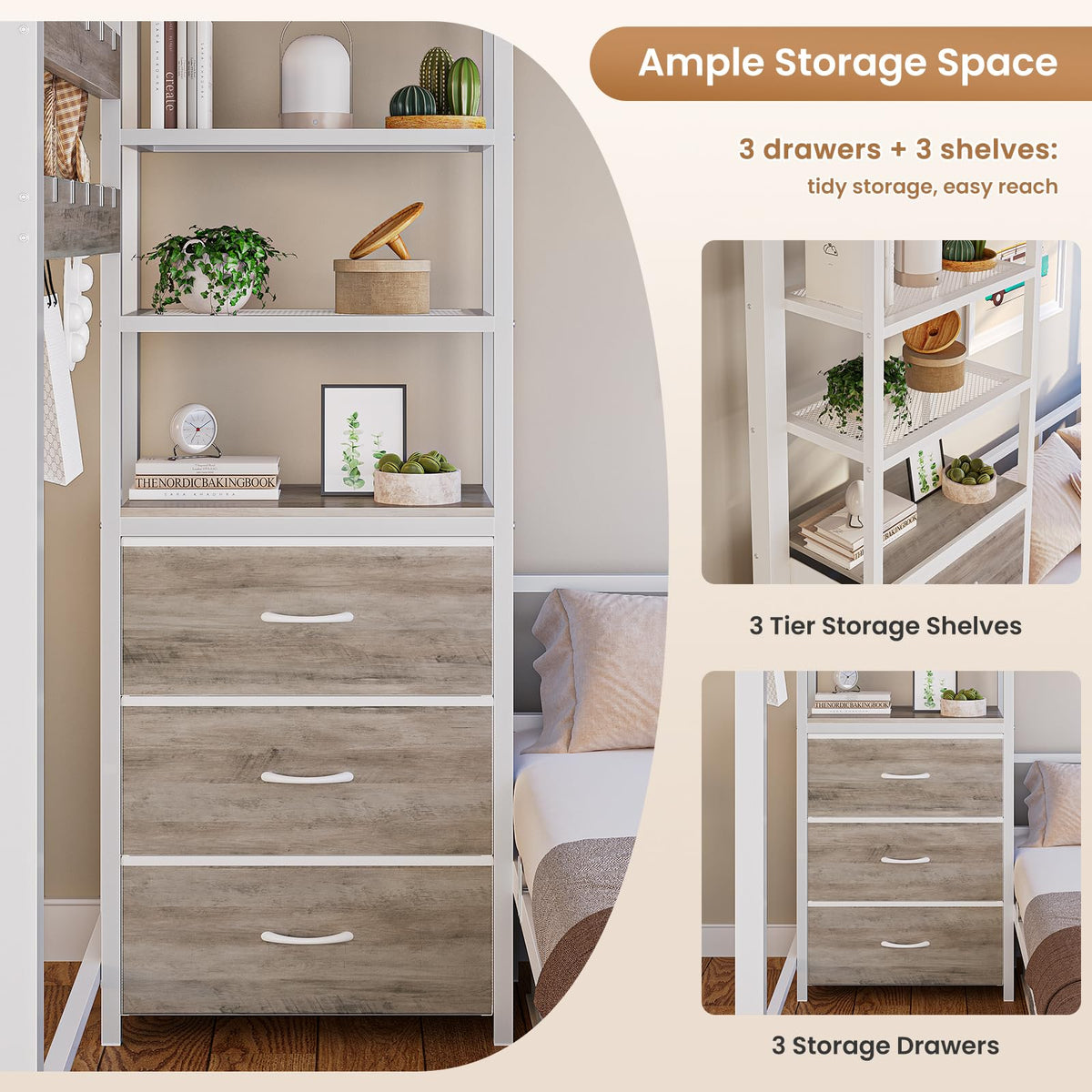 White Twin Over Twin Metal Bunk Bed with 6 Storage Drawers and Desk M774886