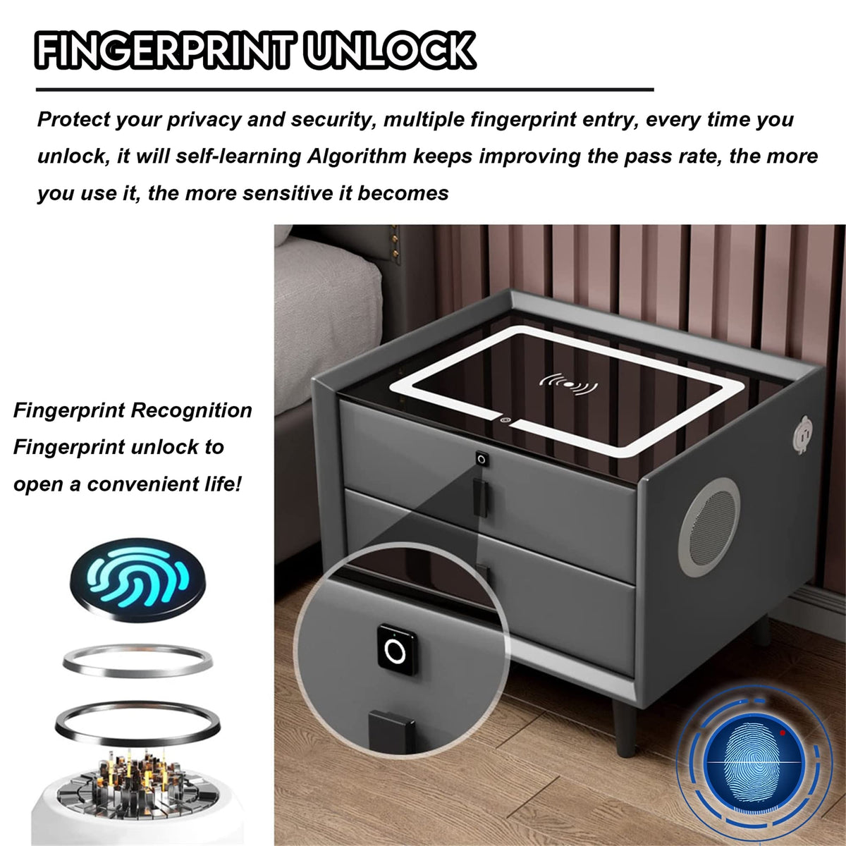White 3 Drawer Bed End Table with Wireless Charging G1594