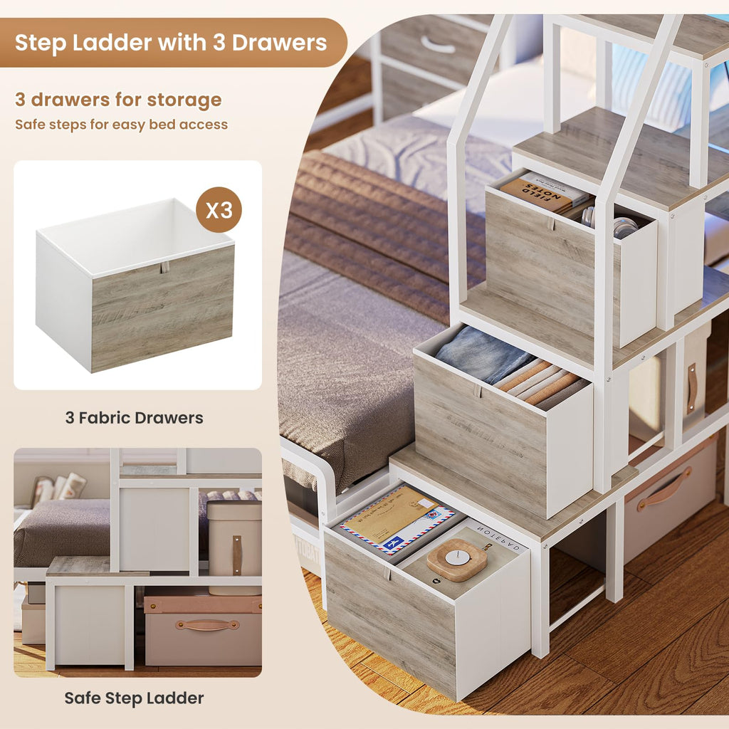 White Twin Over Twin Metal Bunk Bed with 6 Storage Drawers and Desk M774886