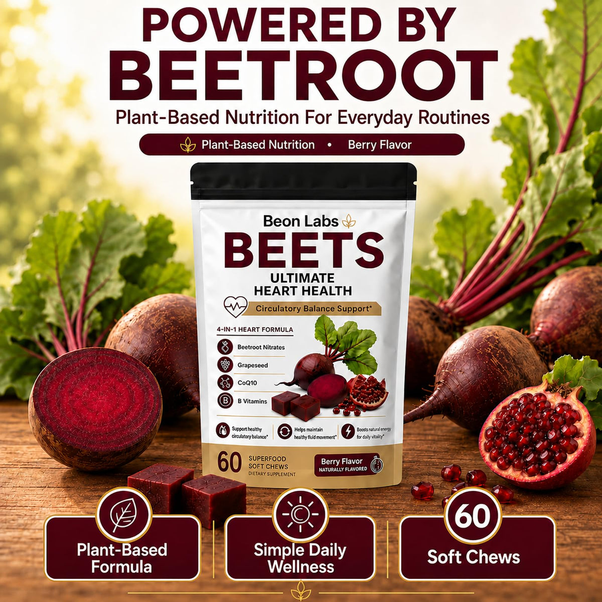 Beetroot Chews with CoQ10 & Grape Seed Extract, 60 Chews I447