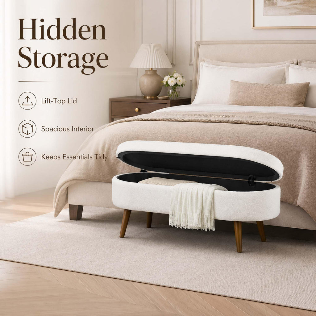 White Oval Storage Ottoman Bench with Rubber Wood Legs Y994