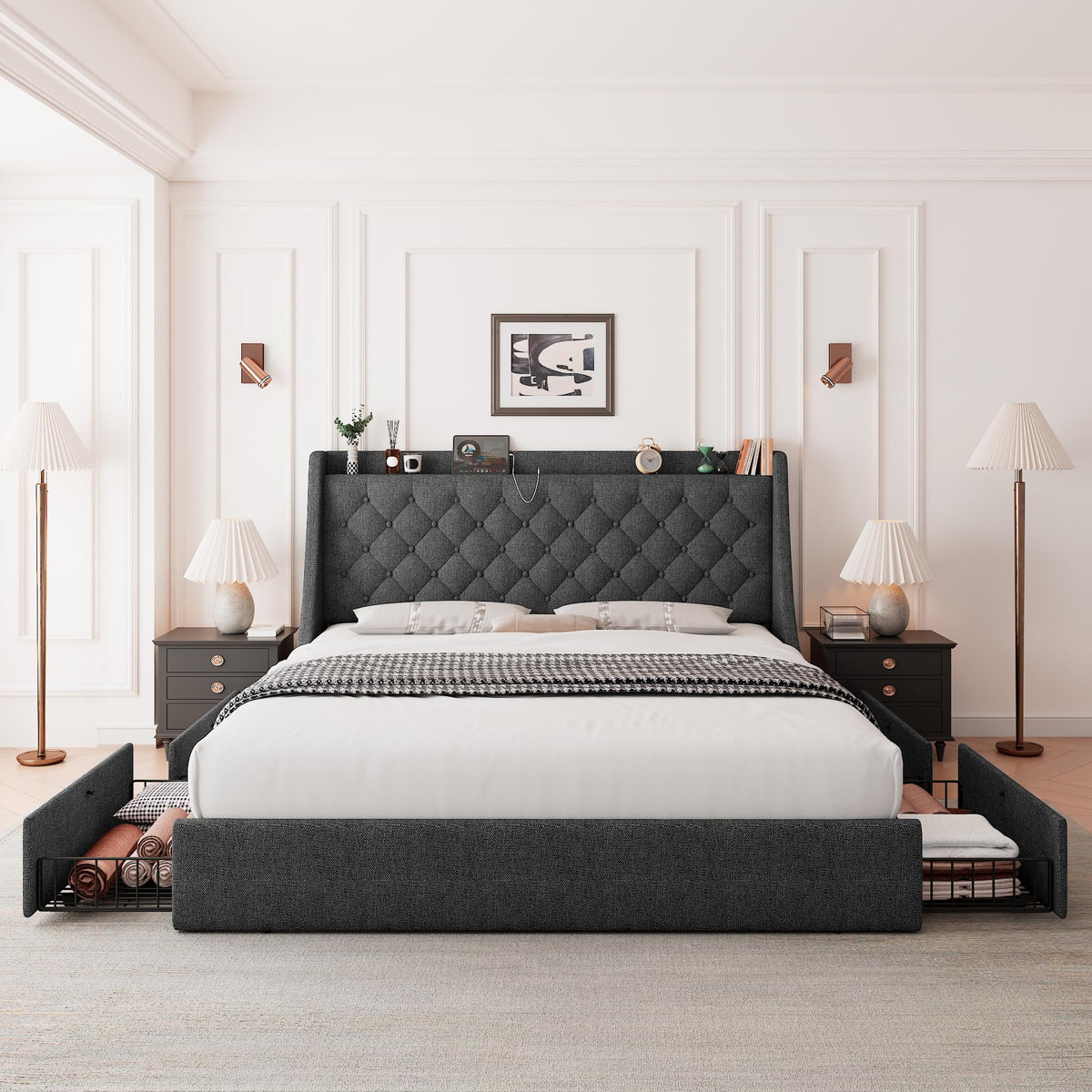 Queen Bed Frame with 4 Storage Drawers Upholstered Dark Grey X258