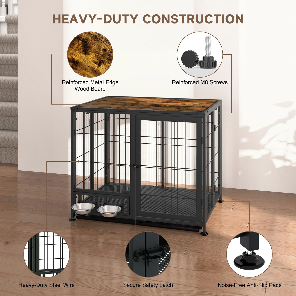 Heavy Duty Foldable Dog Crate with Wheels & Feeding Bowls H482