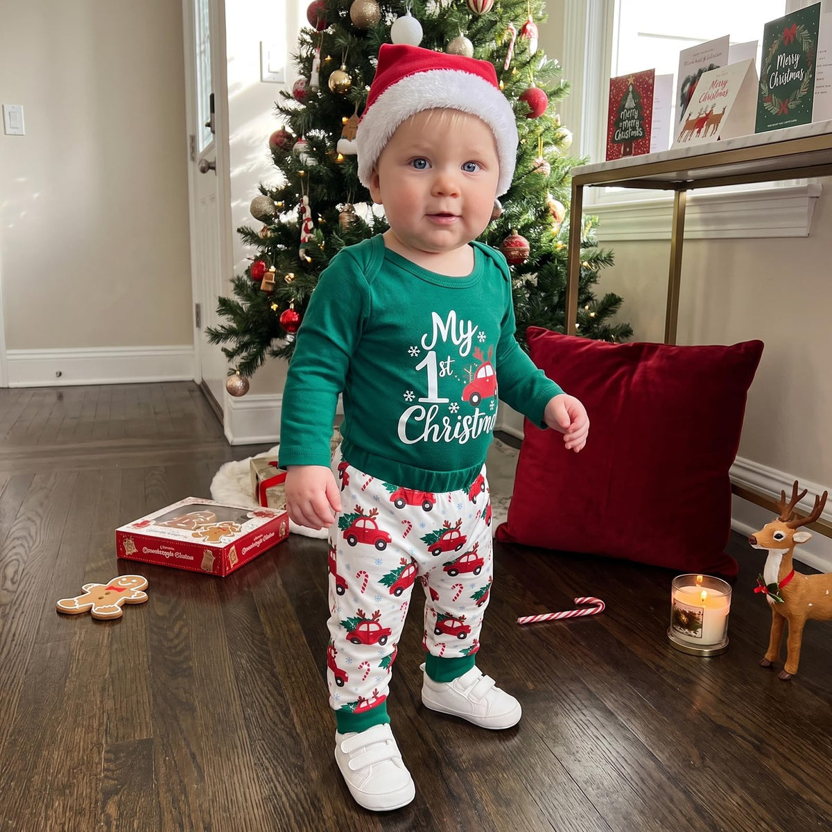My First Christmas Baby Boy Outfit Romper Pants Hat M241