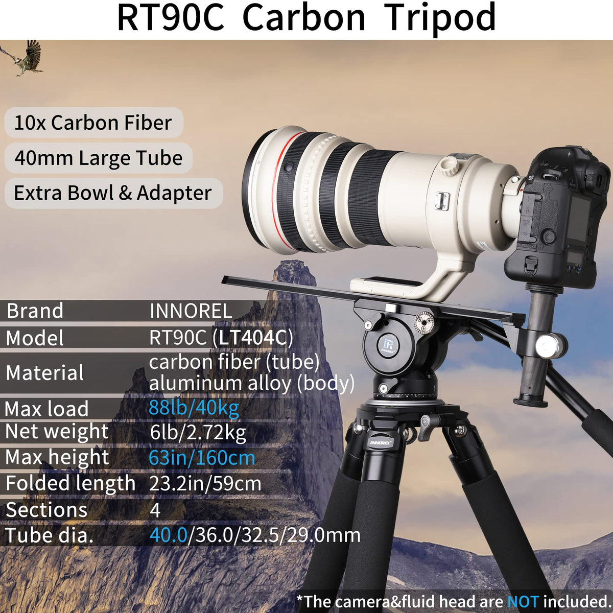 Carbon Fiber Heavy Duty Tripod with 75mm Bowl Adapter 63 inch Black R8820