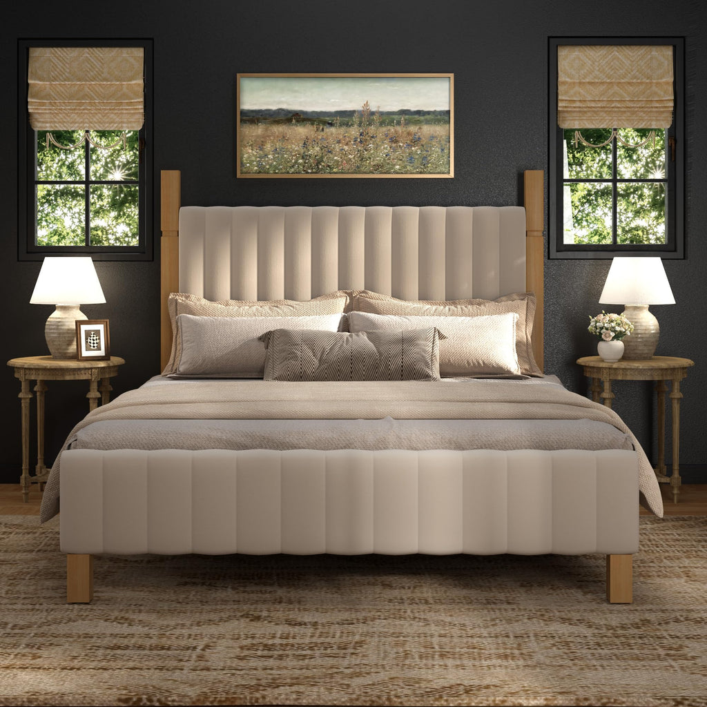 Queen Size Beige Linen Bed Frame with Headboard K832407