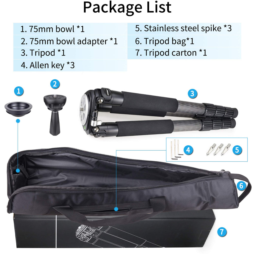 Carbon Fiber Heavy Duty Tripod with 75mm Bowl Adapter 63 inch Black R8820